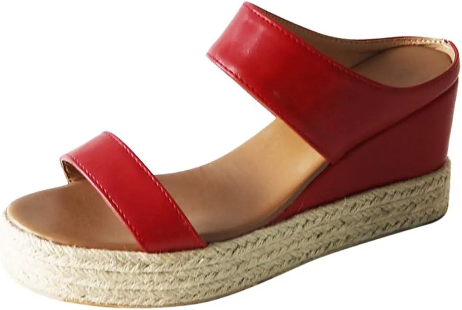 EMRELOD Platform Slip on Espadrille Sandals for Women Wedges Slides Bohemia Sandals Flatform Open Toe Beach Sandals (Red, 7)