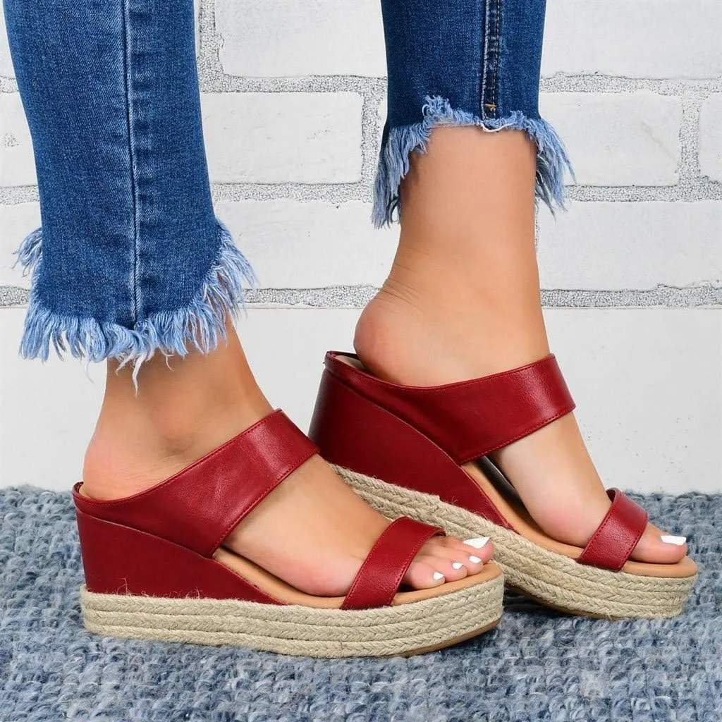 EMRELOD Platform Slip on Espadrille Sandals for Women Wedges Slides Bohemia Sandals Flatform Open Toe Beach Sandals (Red, 7)