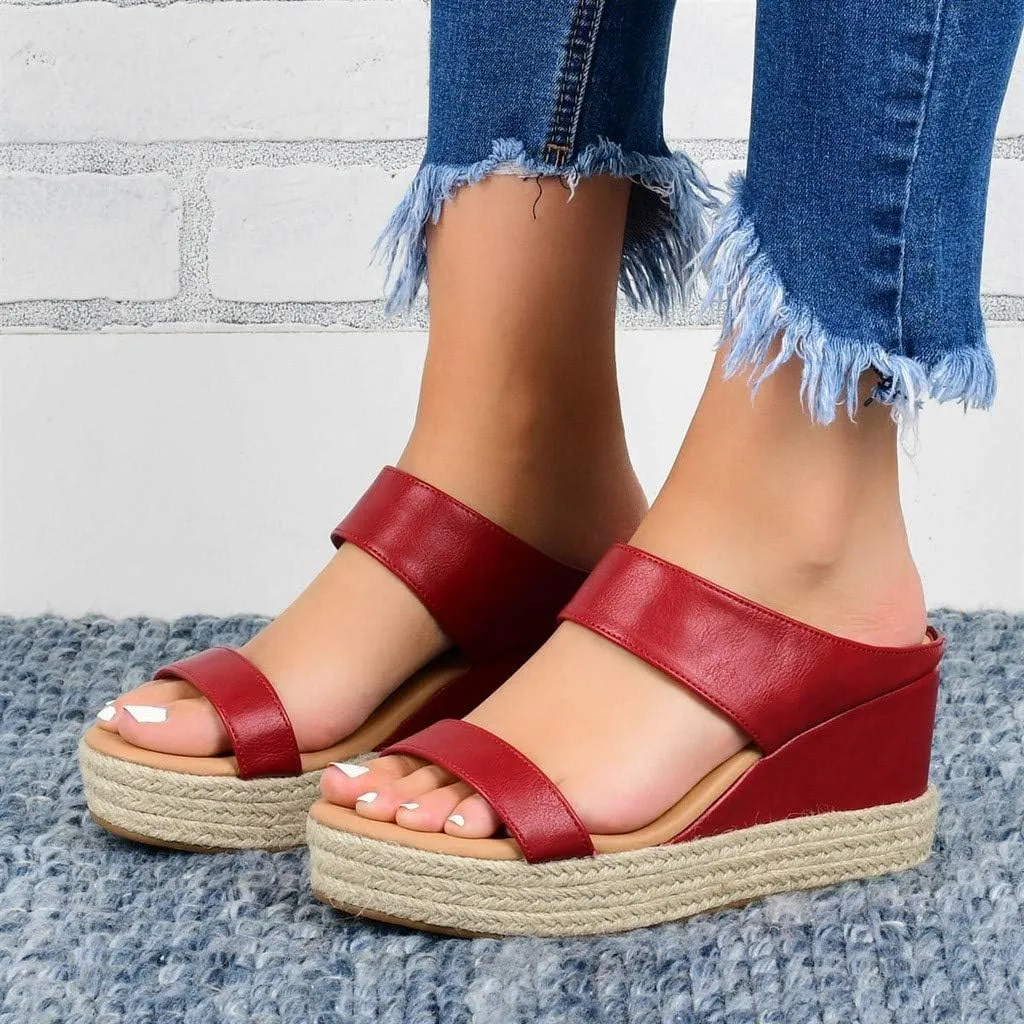 EMRELOD Platform Slip on Espadrille Sandals for Women Wedges Slides Bohemia Sandals Flatform Open Toe Beach Sandals (Red, 7)