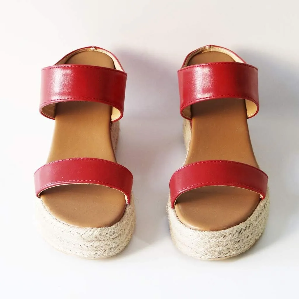 EMRELOD Platform Slip on Espadrille Sandals for Women Wedges Slides Bohemia Sandals Flatform Open Toe Beach Sandals (Red, 7)