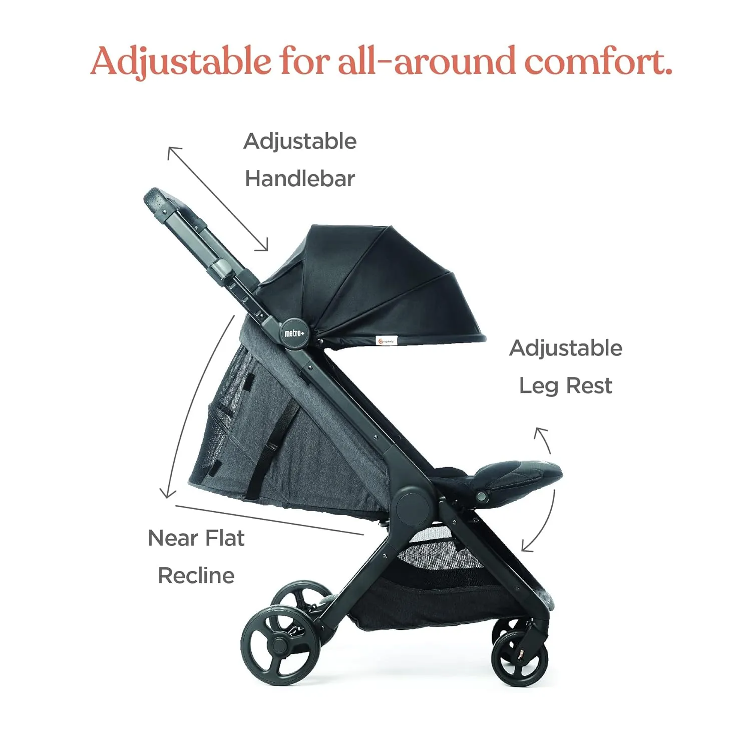 Ergobaby Metro  Compact Baby Stroller, Lightweight Umbrella Stroller Folds Down for Overhead Airplane Storage (Carries up to 50 lbs), Car Seat Compatible, Black