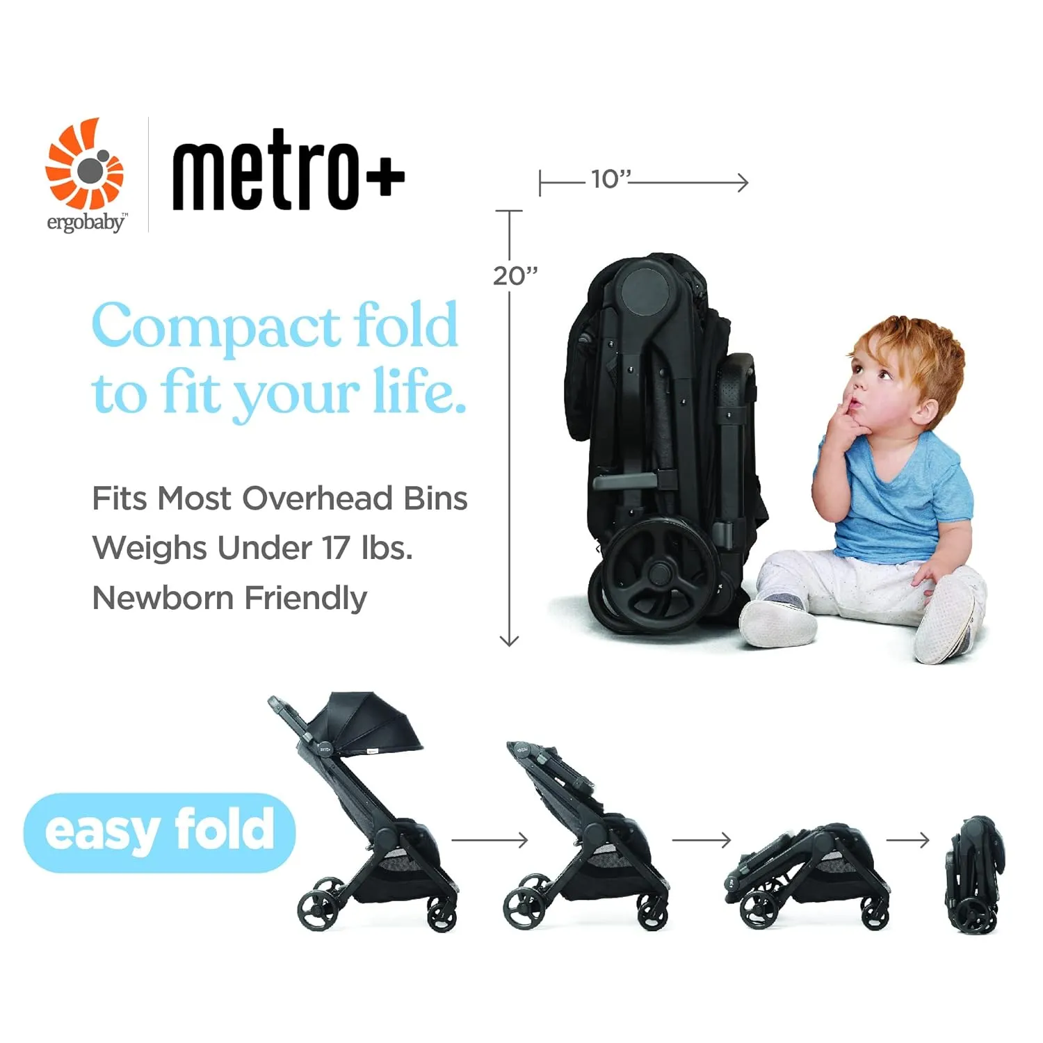 Ergobaby Metro  Compact Baby Stroller, Lightweight Umbrella Stroller Folds Down for Overhead Airplane Storage (Carries up to 50 lbs), Car Seat Compatible, Black