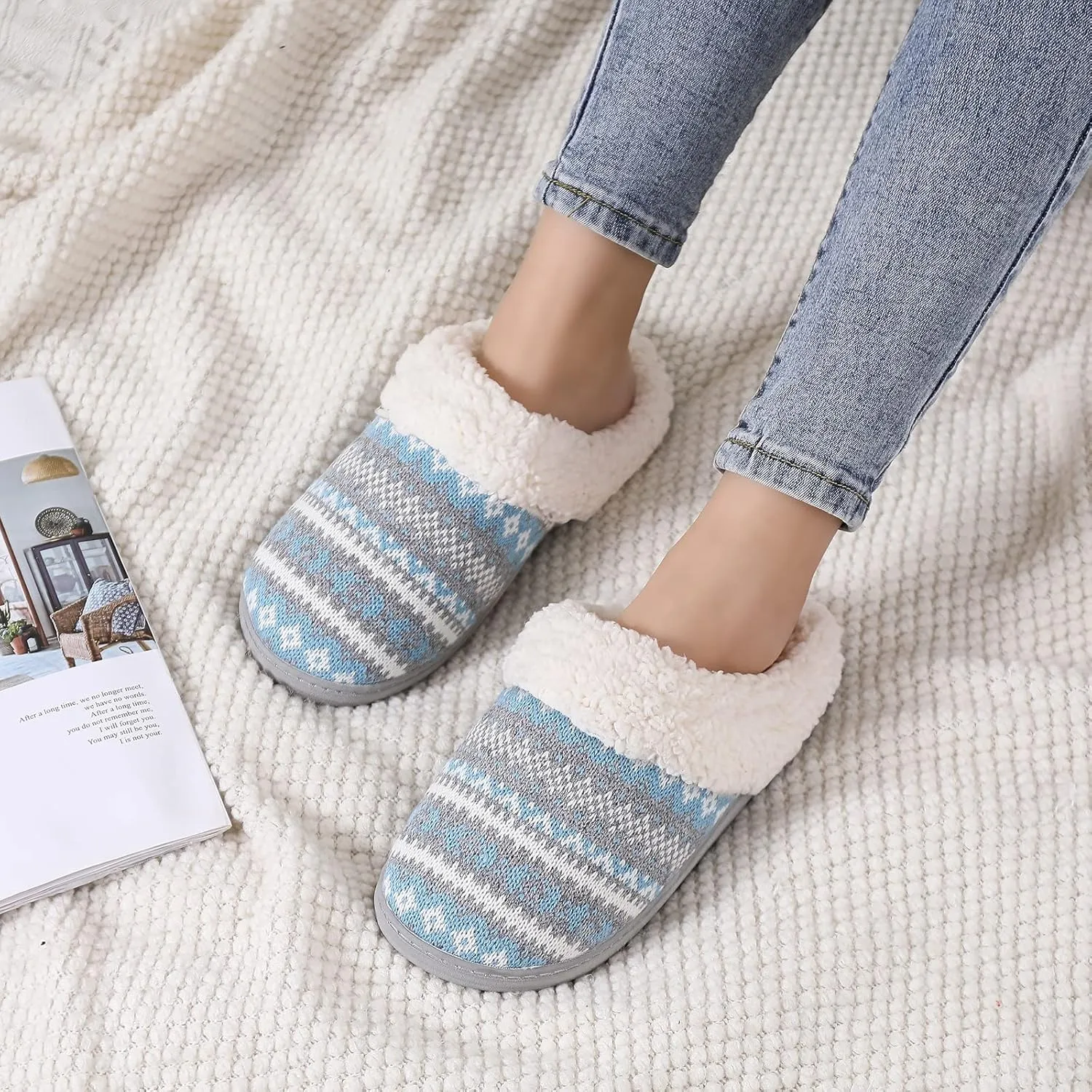 Evshine Warm Knit House Slippers for Women Comfy Fleece Lined Winter Slippers with Memory Foam and Indoor Outdoor Soles