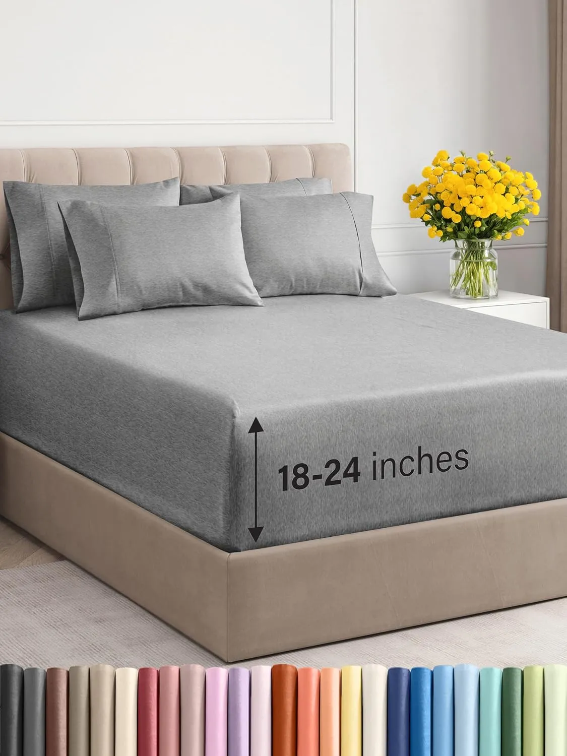 Extra Deep King Sheet Set - 6 Piece Breathable & Cooling Sheets - Hotel Luxury Bedding Set w/18-24 Inch Extra Deep Pockets - Easy Fit - Super Soft, Wrinkle Free and Comfy - Heathered Grey, King Size
