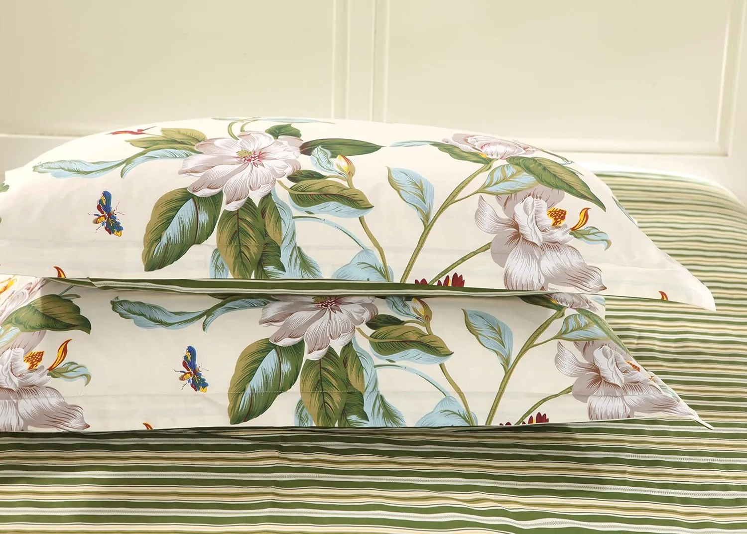 FADFAY Floral Duvet Cover Set 100% Cotton Green Striped and Beige Bedding White Flower Branches Print 600 TC Soft Reversible Zipper Bed Cover & 2 Pillowcases,King/Cal King(106x92)