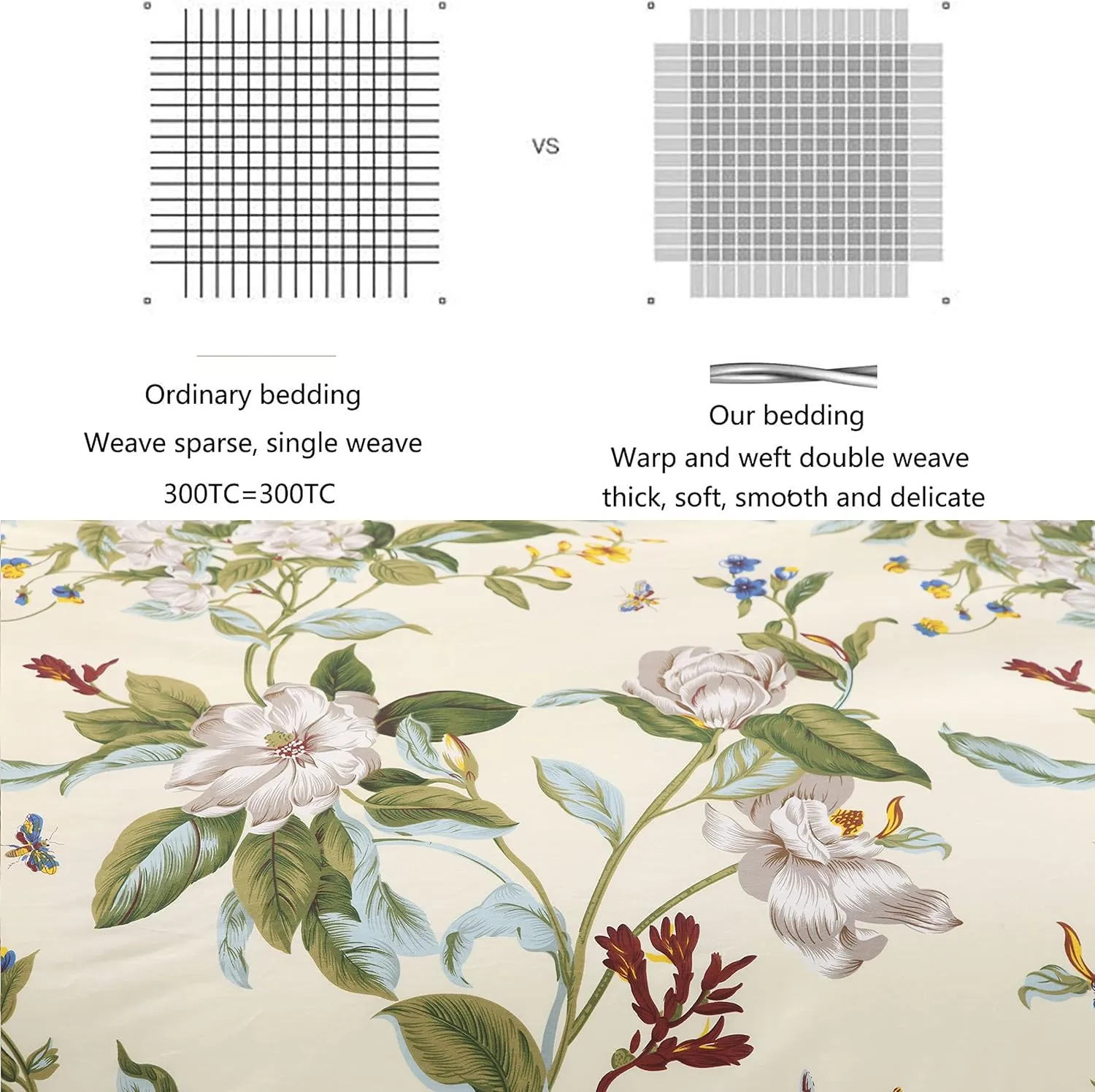 FADFAY Floral Duvet Cover Set 100% Cotton Green Striped and Beige Bedding White Flower Branches Print 600 TC Soft Reversible Zipper Bed Cover & 2 Pillowcases,King/Cal King(106x92)