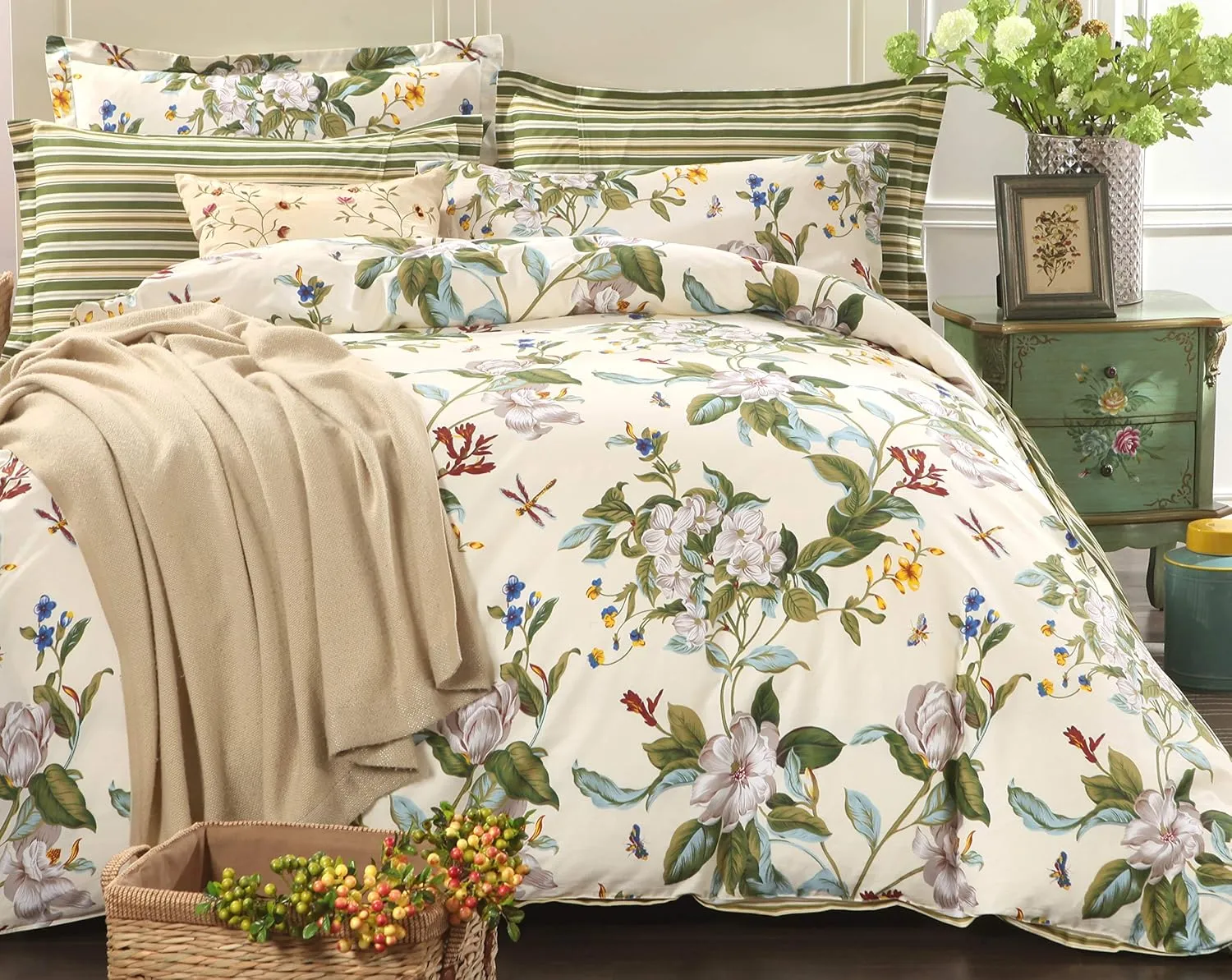 FADFAY Floral Duvet Cover Set 100% Cotton Green Striped and Beige Bedding White Flower Branches Print 600 TC Soft Reversible Zipper Bed Cover & 2 Pillowcases,King/Cal King(106x92)
