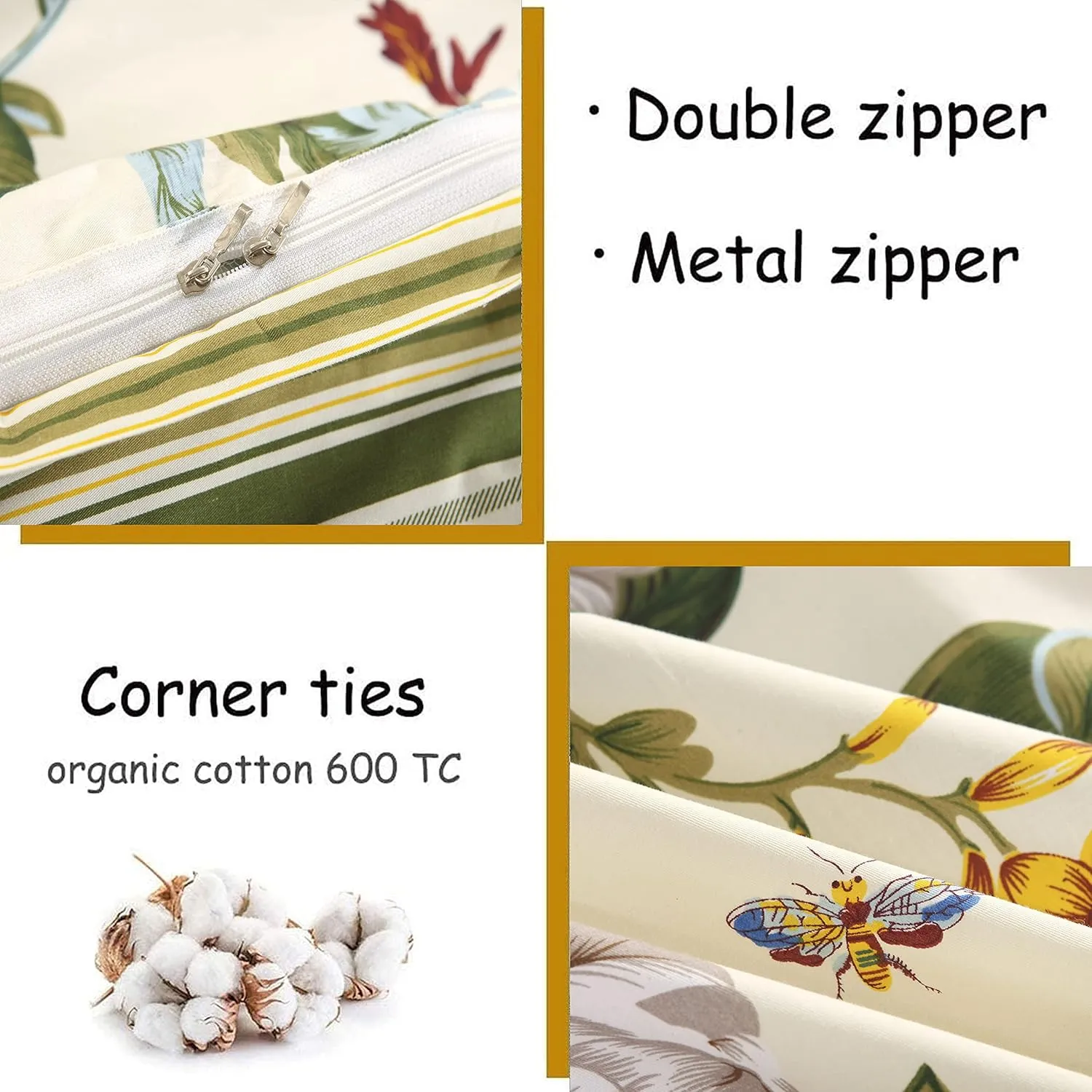 FADFAY Floral Duvet Cover Set 100% Cotton Green Striped and Beige Bedding White Flower Branches Print 600 TC Soft Reversible Zipper Bed Cover & 2 Pillowcases,King/Cal King(106x92)
