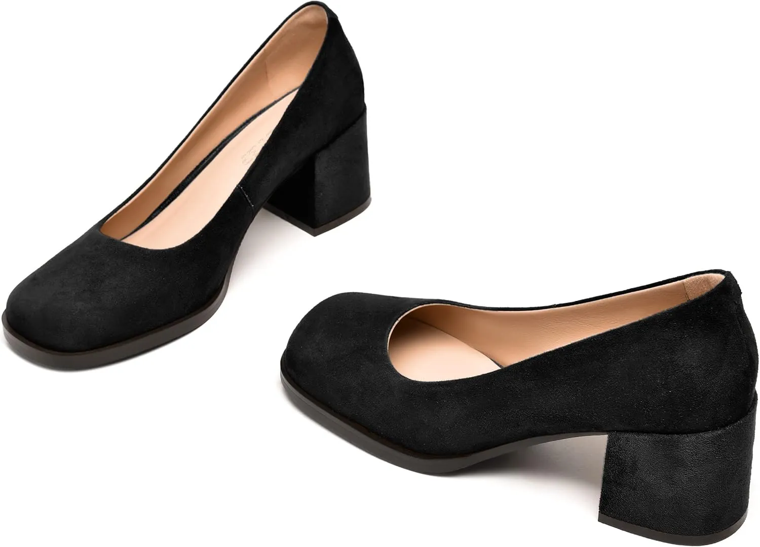 FEMSTEP Womens Suede Leather Dating Square Toe Slip On Cute Chunky Low Heel Pumps Shoes 2.2 Inch