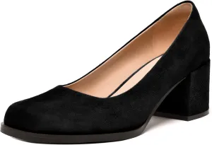 FEMSTEP Womens Suede Leather Dating Square Toe Slip On Cute Chunky Low Heel Pumps Shoes 2.2 Inch