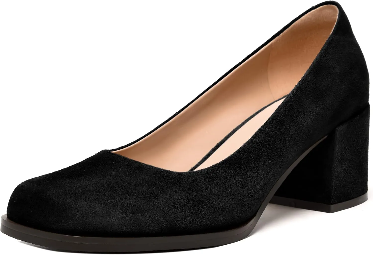 FEMSTEP Womens Suede Leather Dating Square Toe Slip On Cute Chunky Low Heel Pumps Shoes 2.2 Inch