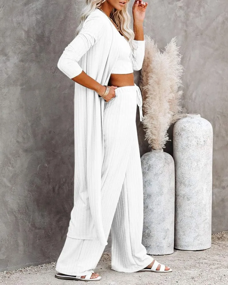 Fessceruna Womens 3 Piece Lounge Sets Pajamas Knit Long Sleeve Cardigan Crop Top Wide Leg Pants Loungewear Set