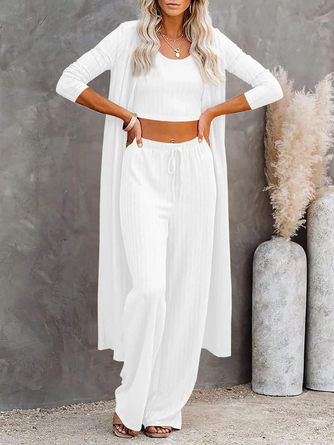 Fessceruna Womens 3 Piece Lounge Sets Pajamas Knit Long Sleeve Cardigan Crop Top Wide Leg Pants Loungewear Set
