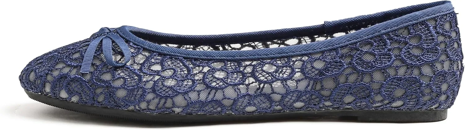 FEVERSOLE Round Toe Lace Ballet Crochet Flats Women's Comfy Breathable Shoes