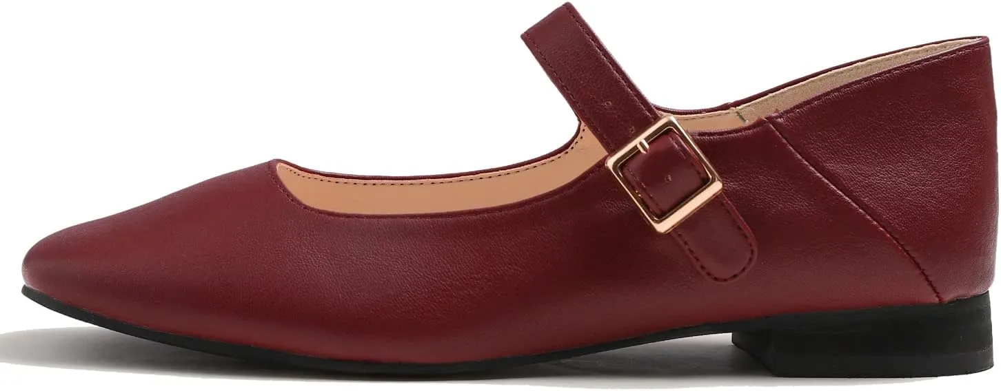 FEVERSOLE Women's Mary Jane Fashion Square Toe Easy Buckle Low Heel Slip On Flats