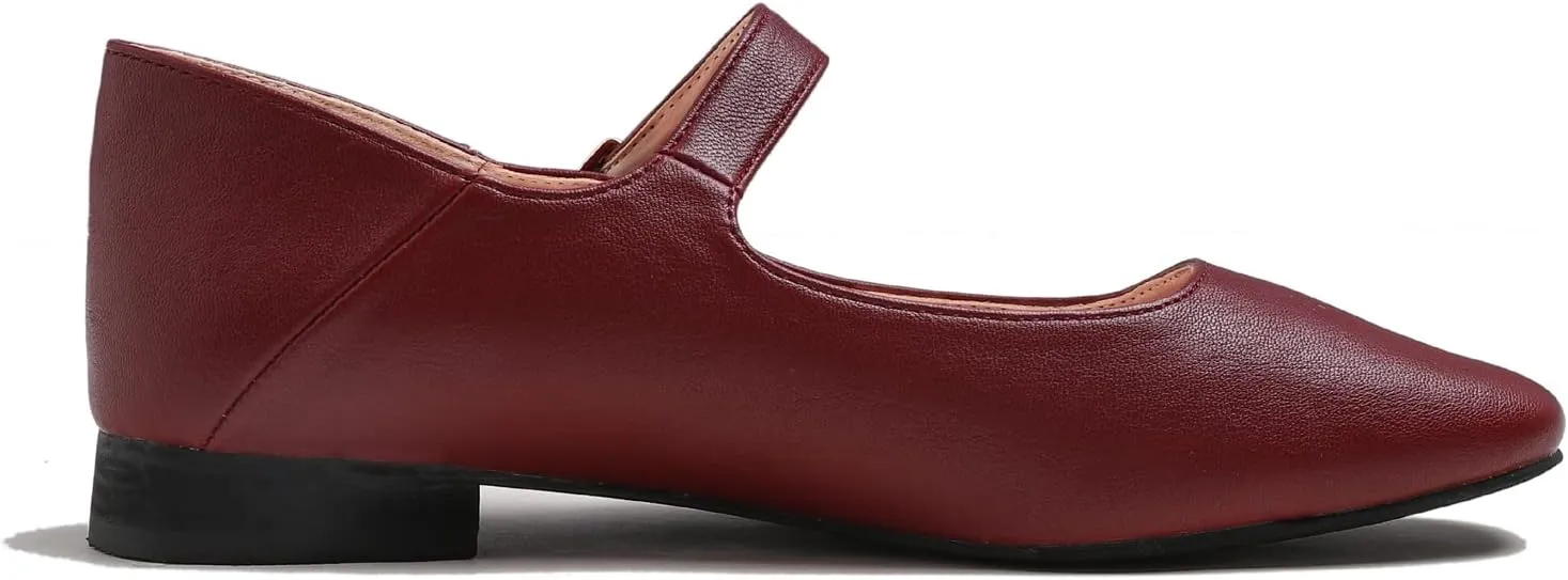 FEVERSOLE Women's Mary Jane Fashion Square Toe Easy Buckle Low Heel Slip On Flats
