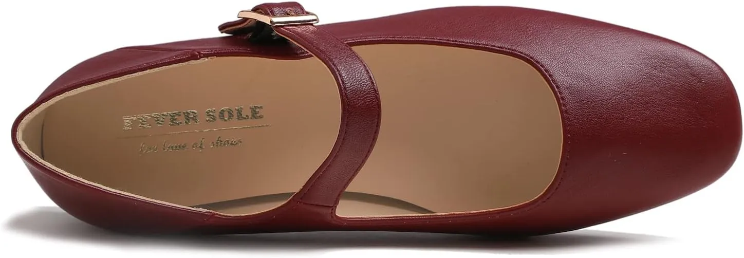FEVERSOLE Women's Mary Jane Fashion Square Toe Easy Buckle Low Heel Slip On Flats