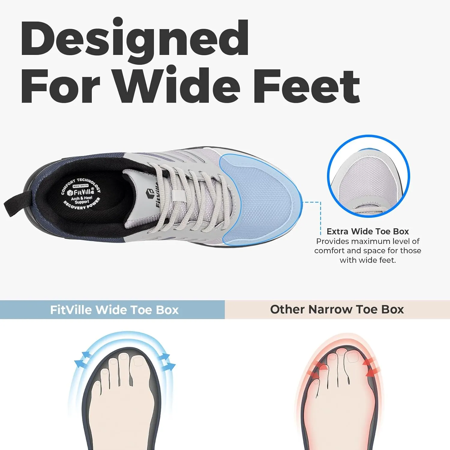 FitVille Extra Wide Sneakers for Men with Wide Toe Box Lightweight Running Shoes for Diabetic Men, Flat Feet, Heel Pain & Plantar Fasciitis Relief