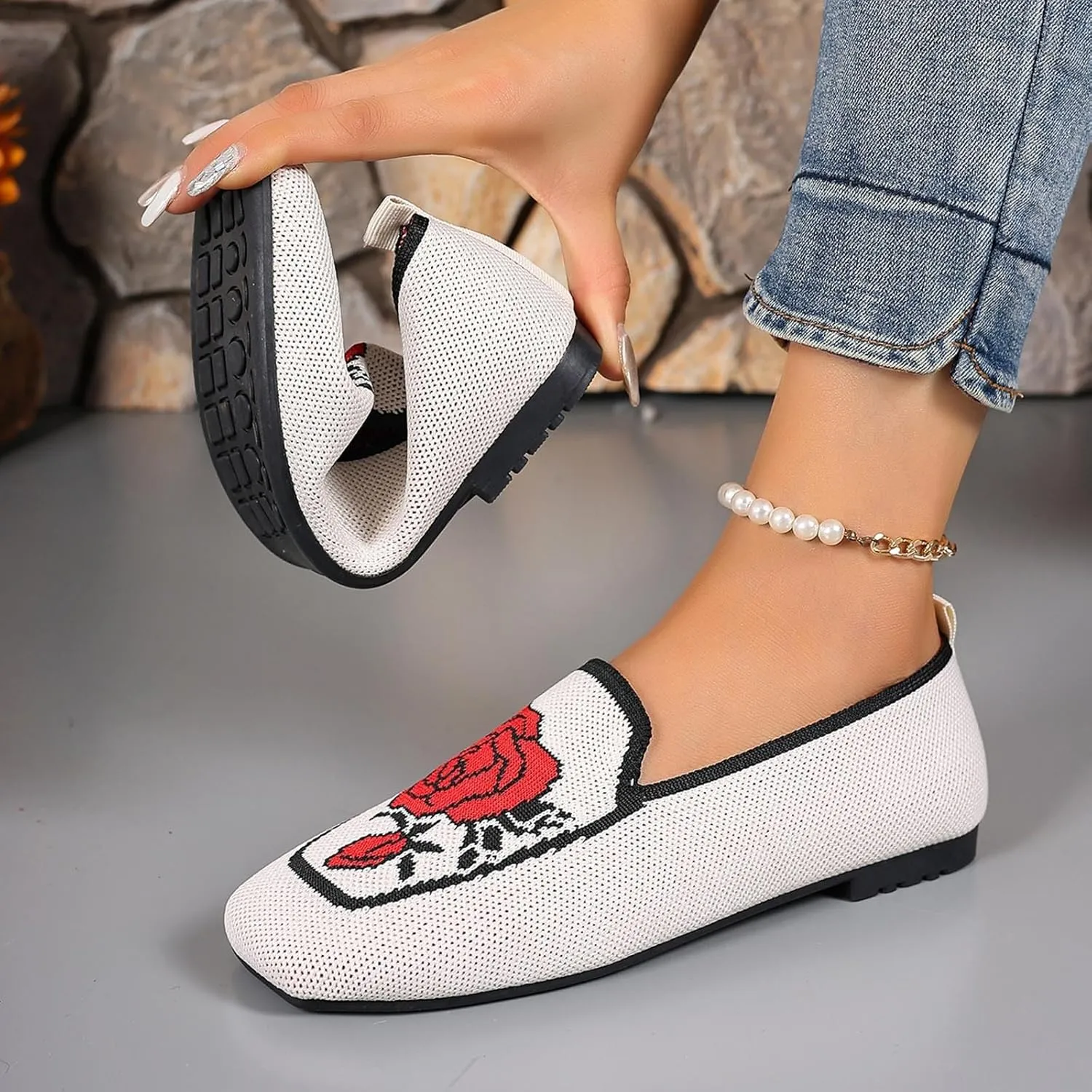 Flats for Women Knit Ballet Flats Slip On Loafer Shoes Comfort Work Shoe