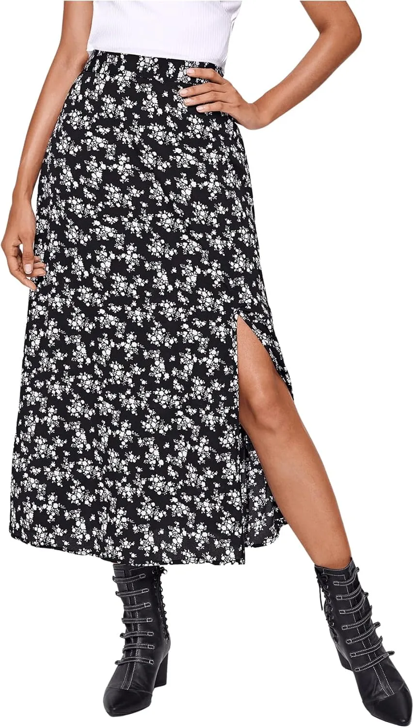 Floerns Women's Boho Floral High Waist Split A Line Midi Skirt