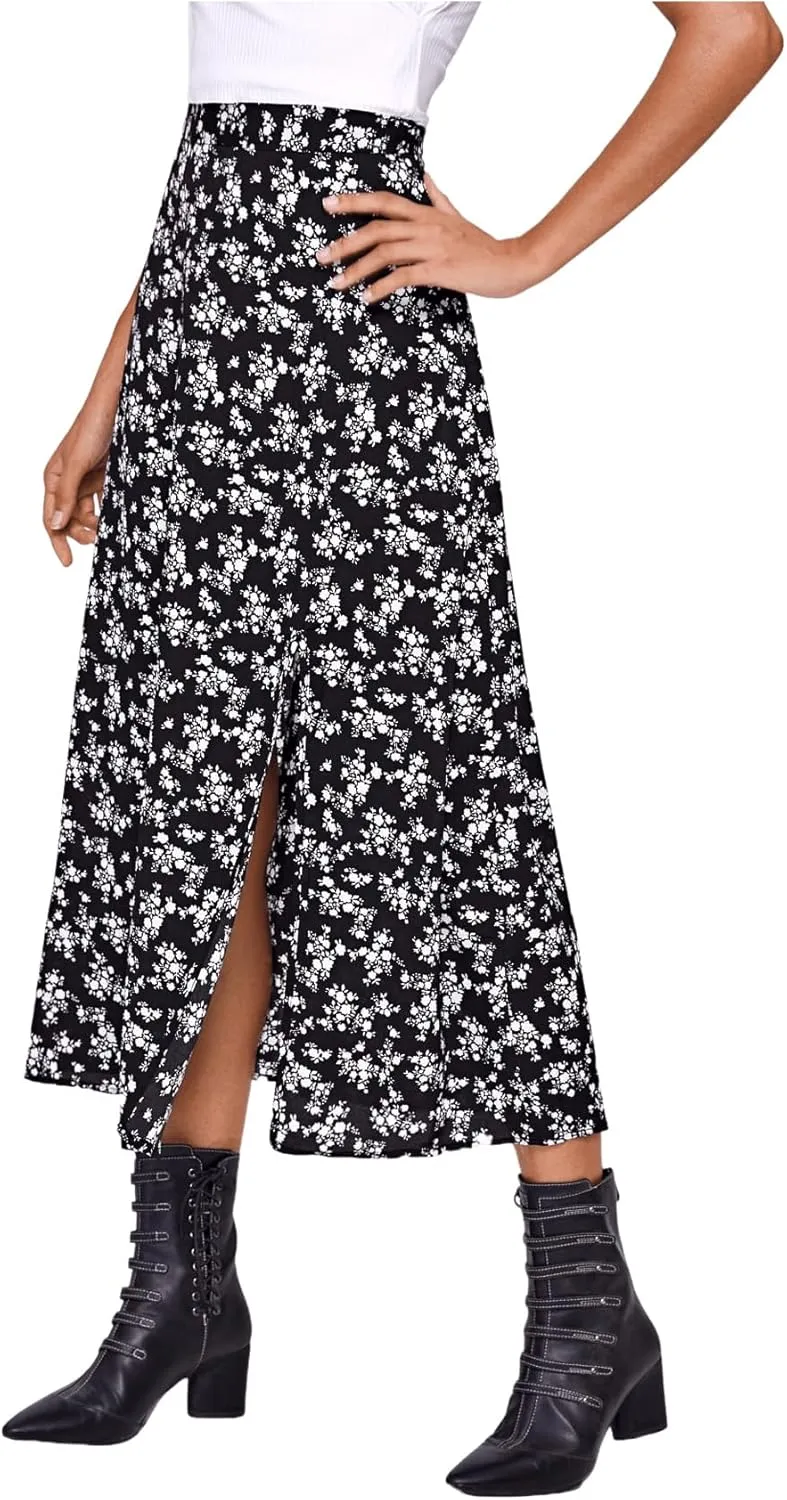Floerns Women's Boho Floral High Waist Split A Line Midi Skirt