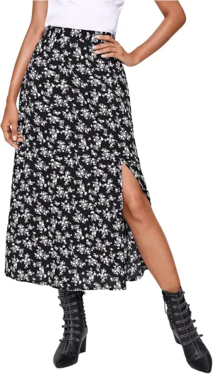 Floerns Women's Boho Floral High Waist Split A Line Midi Skirt