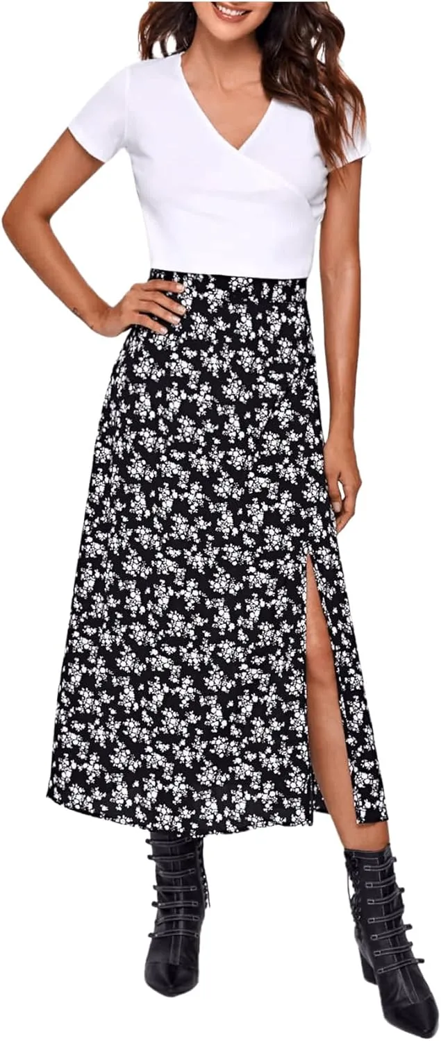 Floerns Women's Boho Floral High Waist Split A Line Midi Skirt