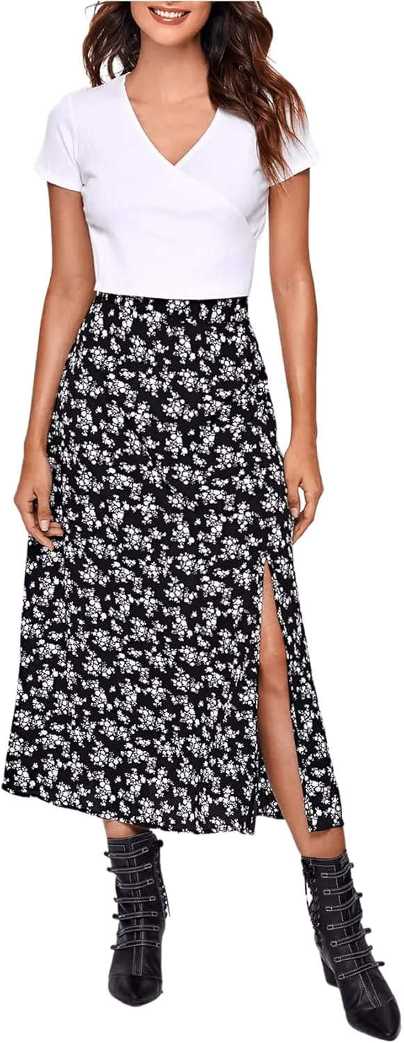 Floerns Women's Boho Floral High Waist Split A Line Midi Skirt
