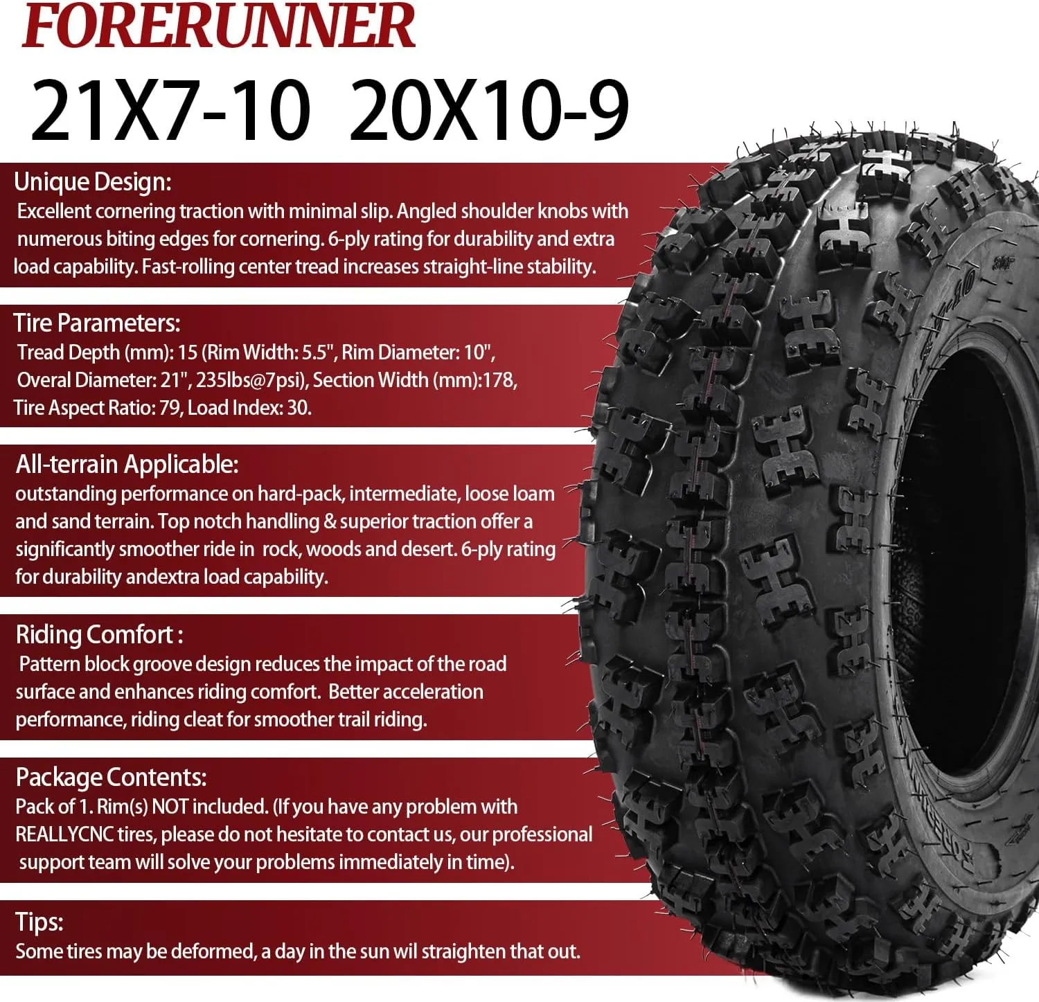 FORERUNNER Sport ATV Tires 21x7-10 & 20X10-9 6PR ATV UTV Go Kart All-Terrain Off-Road Tire Tubeless Tires (Pack of 4)