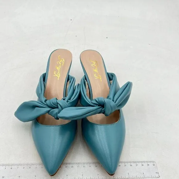 FOWT Blue Burnished Pointed Toe Slip On Mules with Bow Kitten Heel Dress Sandals