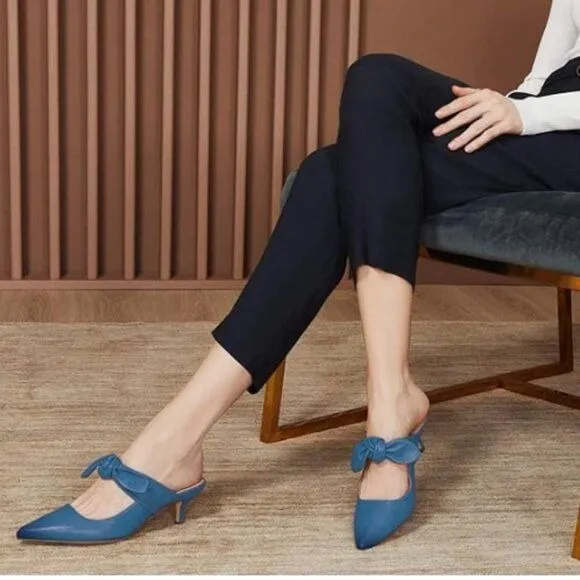 FOWT Blue Burnished Pointed Toe Slip On Mules with Bow Kitten Heel Dress Sandals