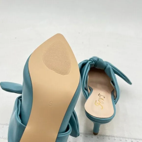 FOWT Blue Burnished Pointed Toe Slip On Mules with Bow Kitten Heel Dress Sandals