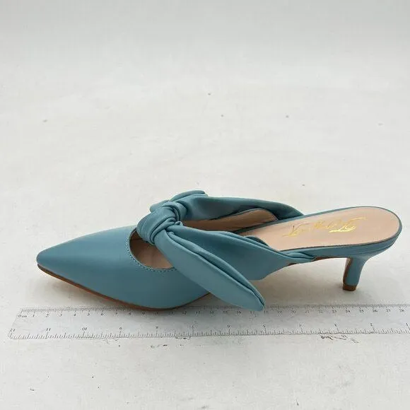 FOWT Blue Burnished Pointed Toe Slip On Mules with Bow Kitten Heel Dress Sandals