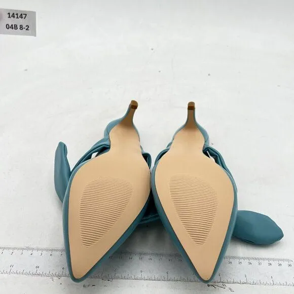 FOWT Blue Burnished Pointed Toe Slip On Mules with Bow Kitten Heel Dress Sandals