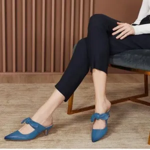 FOWT Blue Burnished Pointed Toe Slip On Mules with Bow Kitten Heel Dress Sandals