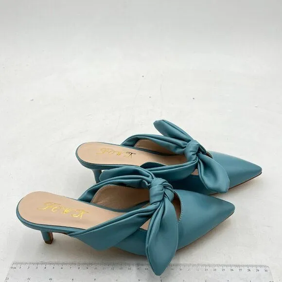 FOWT Blue Burnished Pointed Toe Slip On Mules with Bow Kitten Heel Dress Sandals