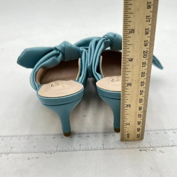 FOWT Blue Burnished Pointed Toe Slip On Mules with Bow Kitten Heel Dress Sandals