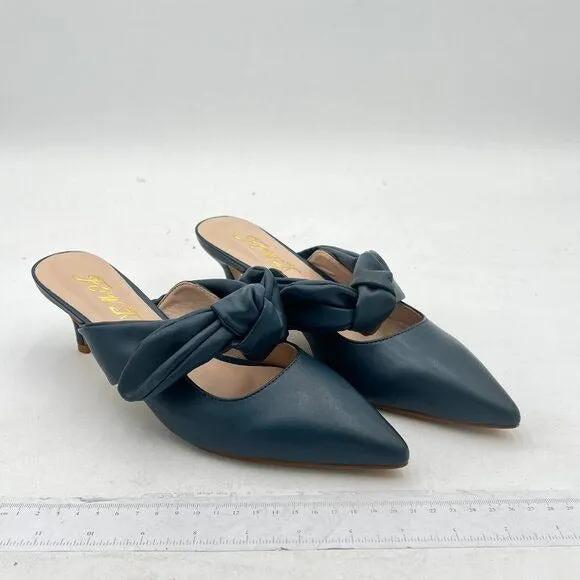 FOWT Navy Pointed Toe Slip On Mules with Bow Kitten Heel Backless Sandals