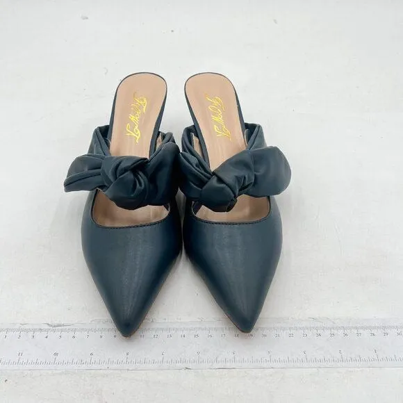 FOWT Navy Pointed Toe Slip On Mules with Bow Kitten Heel Backless Sandals