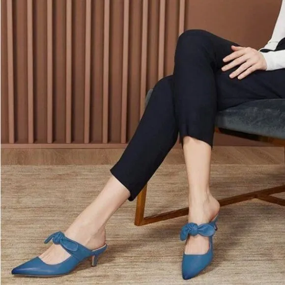 FOWT Navy Pointed Toe Slip On Mules with Bow Kitten Heel Backless Sandals