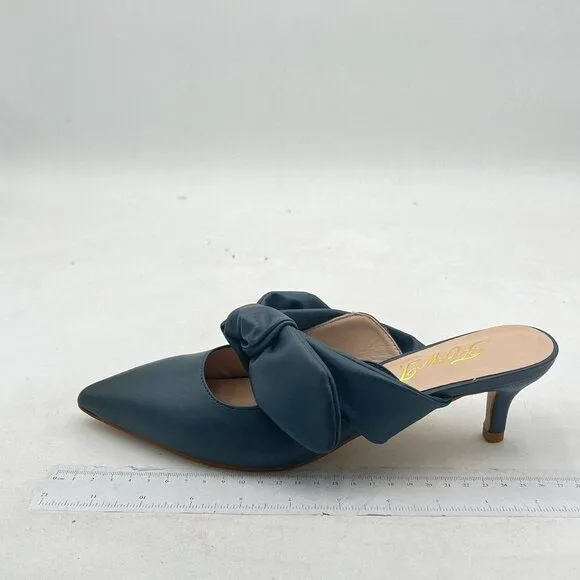 FOWT Navy Pointed Toe Slip On Mules with Bow Kitten Heel Backless Sandals