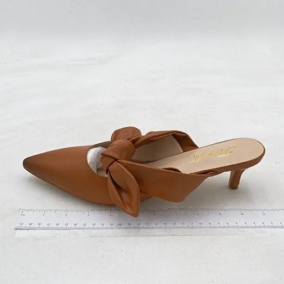 FOWT Nude Burnished  Pointed Toe Slip On Mules with Bow Kitten Heel Sandals