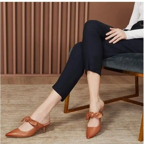 FOWT Nude Burnished  Pointed Toe Slip On Mules with Bow Kitten Heel Sandals