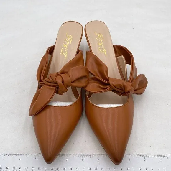 FOWT Nude Burnished  Pointed Toe Slip On Mules with Bow Kitten Heel Sandals