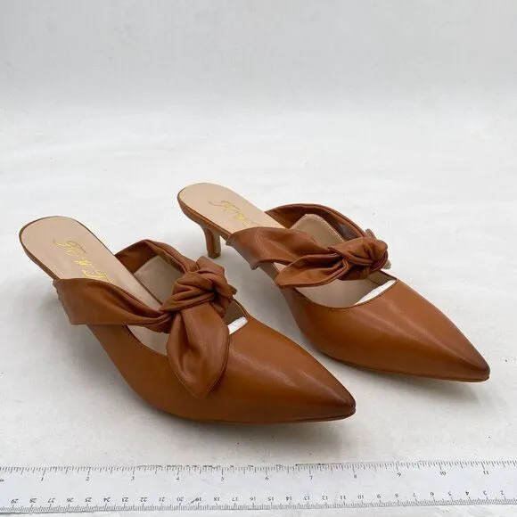 FOWT Nude Burnished  Pointed Toe Slip On Mules with Bow Kitten Heel Sandals