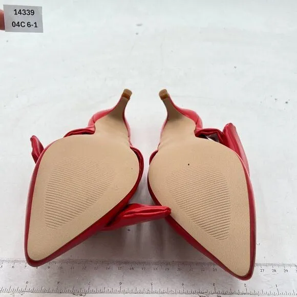 FOWT Red Burnished Pointed Toe Slip On Mule Bow Kitten Heel Backless Slipper