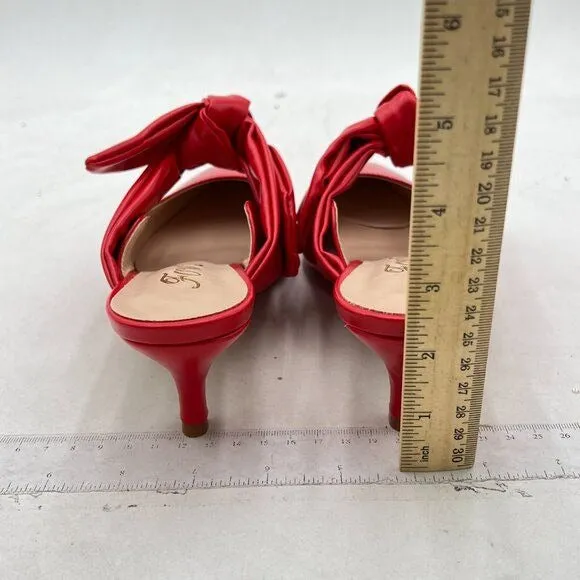 FOWT Red Burnished Pointed Toe Slip On Mule Bow Kitten Heel Backless Slipper