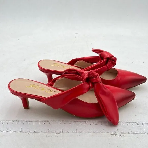 FOWT Red Burnished Pointed Toe Slip On Mule Bow Kitten Heel Backless Slipper