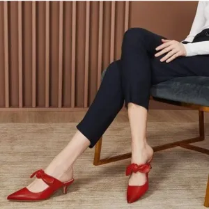 FOWT Red Burnished Pointed Toe Slip On Mule Bow Kitten Heel Backless Slipper
