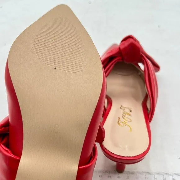 FOWT Red Burnished Pointed Toe Slip On Mule Bow Kitten Heel Backless Slipper